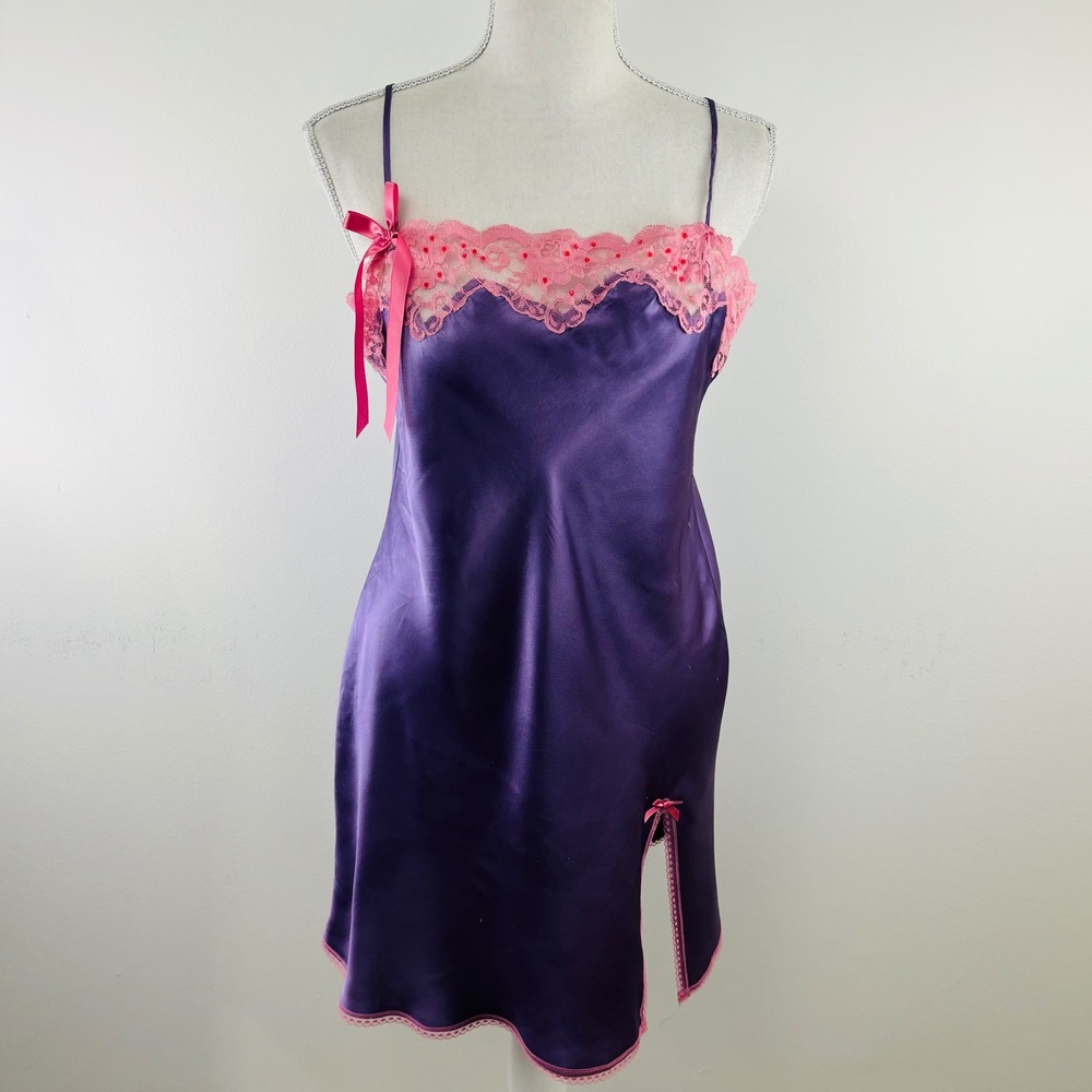 Vintage Y2K Victorias Secret Angels Purple Satin Pink Lace Slip Dress Medium